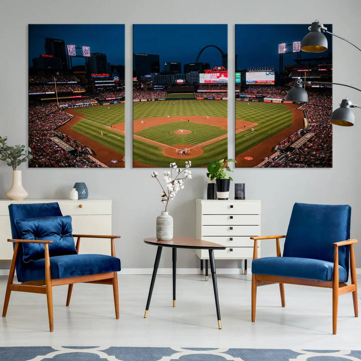 The living room features premium canvas wall art, including a triptych of the St. Louis Cardinals Baseball Team Print showcasing Busch Stadium at night.