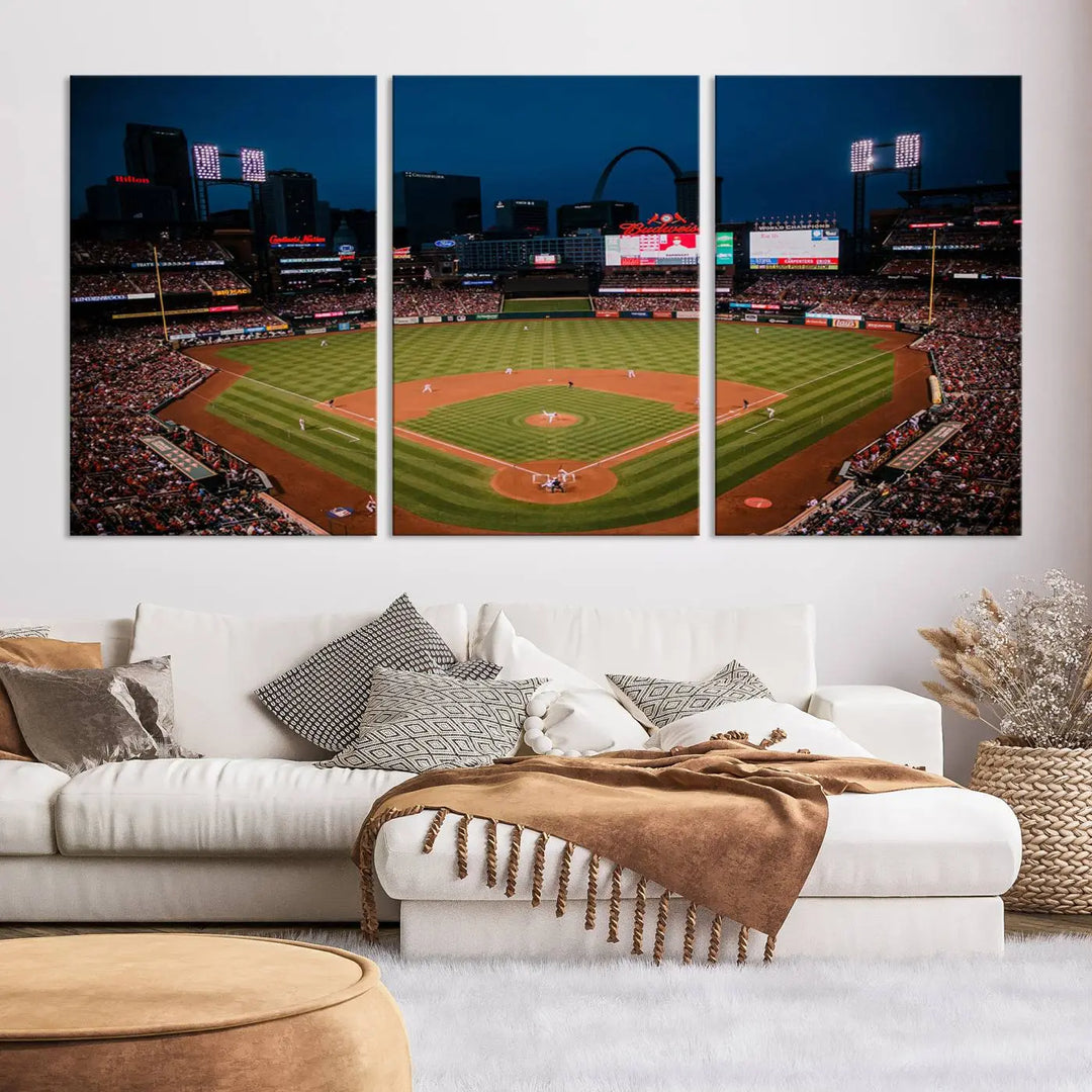 The living room features premium canvas wall art, including a triptych of the St. Louis Cardinals Baseball Team Print showcasing Busch Stadium at night.