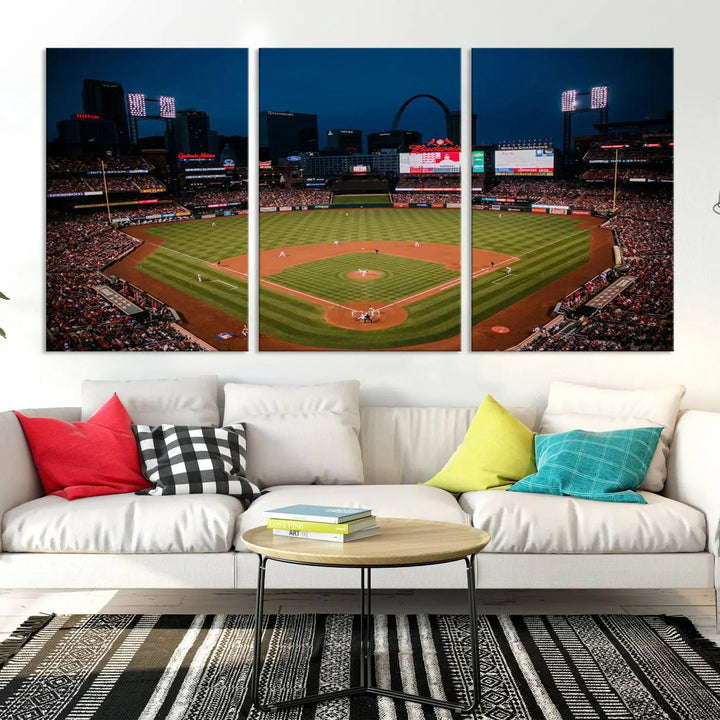 The living room features premium canvas wall art, including a triptych of the St. Louis Cardinals Baseball Team Print showcasing Busch Stadium at night.