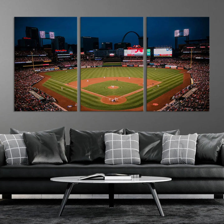 The living room features premium canvas wall art, including a triptych of the St. Louis Cardinals Baseball Team Print showcasing Busch Stadium at night.