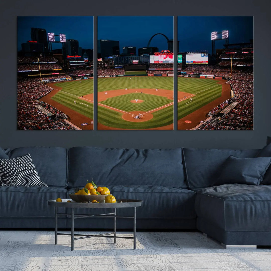 The living room features premium canvas wall art, including a triptych of the St. Louis Cardinals Baseball Team Print showcasing Busch Stadium at night.