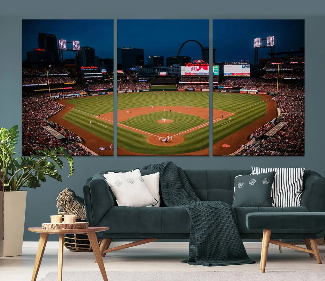 The living room features premium canvas wall art, including a triptych of the St. Louis Cardinals Baseball Team Print showcasing Busch Stadium at night.