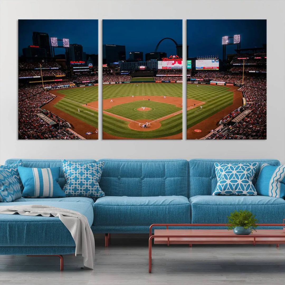 The living room features premium canvas wall art, including a triptych of the St. Louis Cardinals Baseball Team Print showcasing Busch Stadium at night.