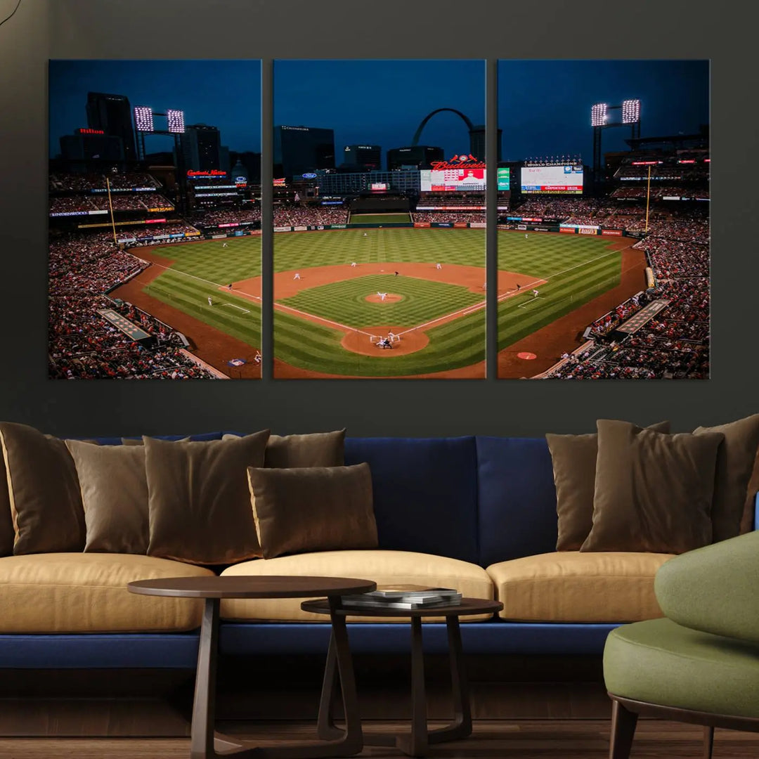 The living room features premium canvas wall art, including a triptych of the St. Louis Cardinals Baseball Team Print showcasing Busch Stadium at night.