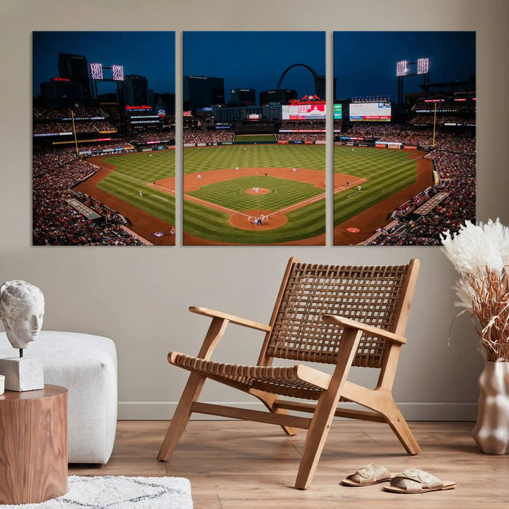 The living room features premium canvas wall art, including a triptych of the St. Louis Cardinals Baseball Team Print showcasing Busch Stadium at night.