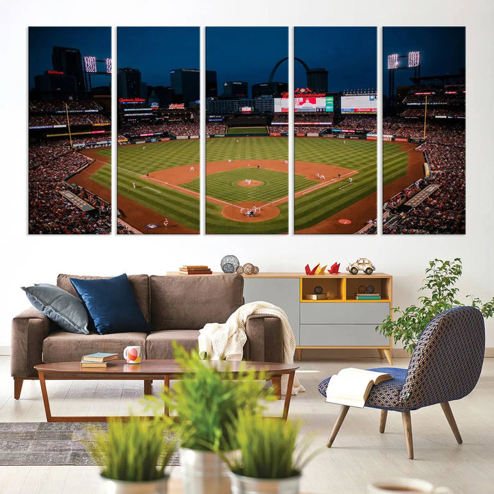 The living room features premium canvas wall art, including a triptych of the St. Louis Cardinals Baseball Team Print showcasing Busch Stadium at night.