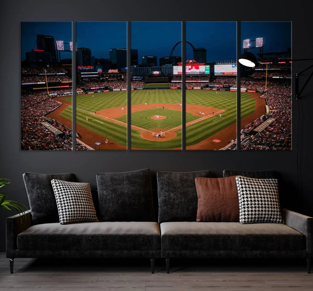 The living room features premium canvas wall art, including a triptych of the St. Louis Cardinals Baseball Team Print showcasing Busch Stadium at night.