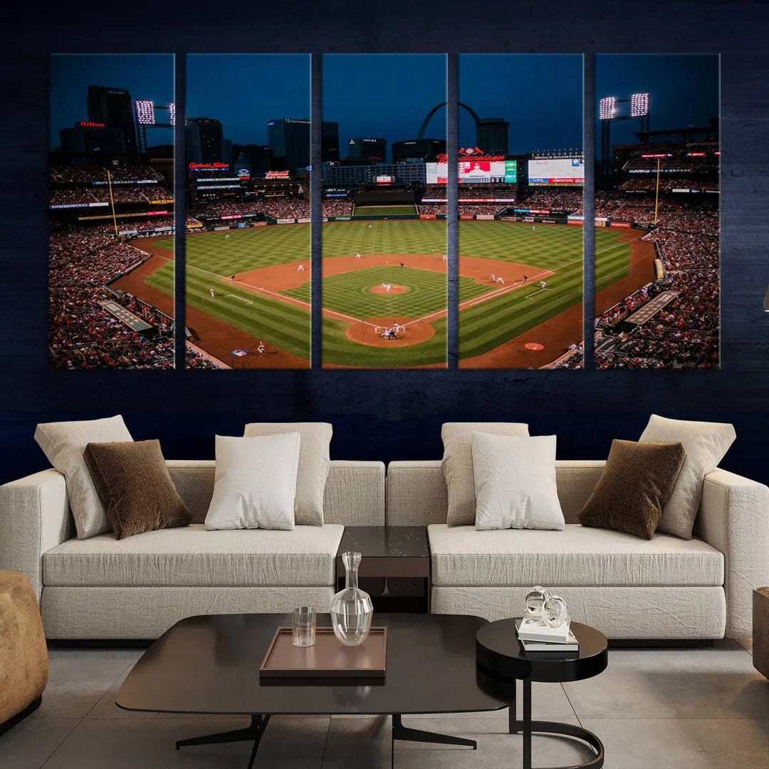 The living room features premium canvas wall art, including a triptych of the St. Louis Cardinals Baseball Team Print showcasing Busch Stadium at night.