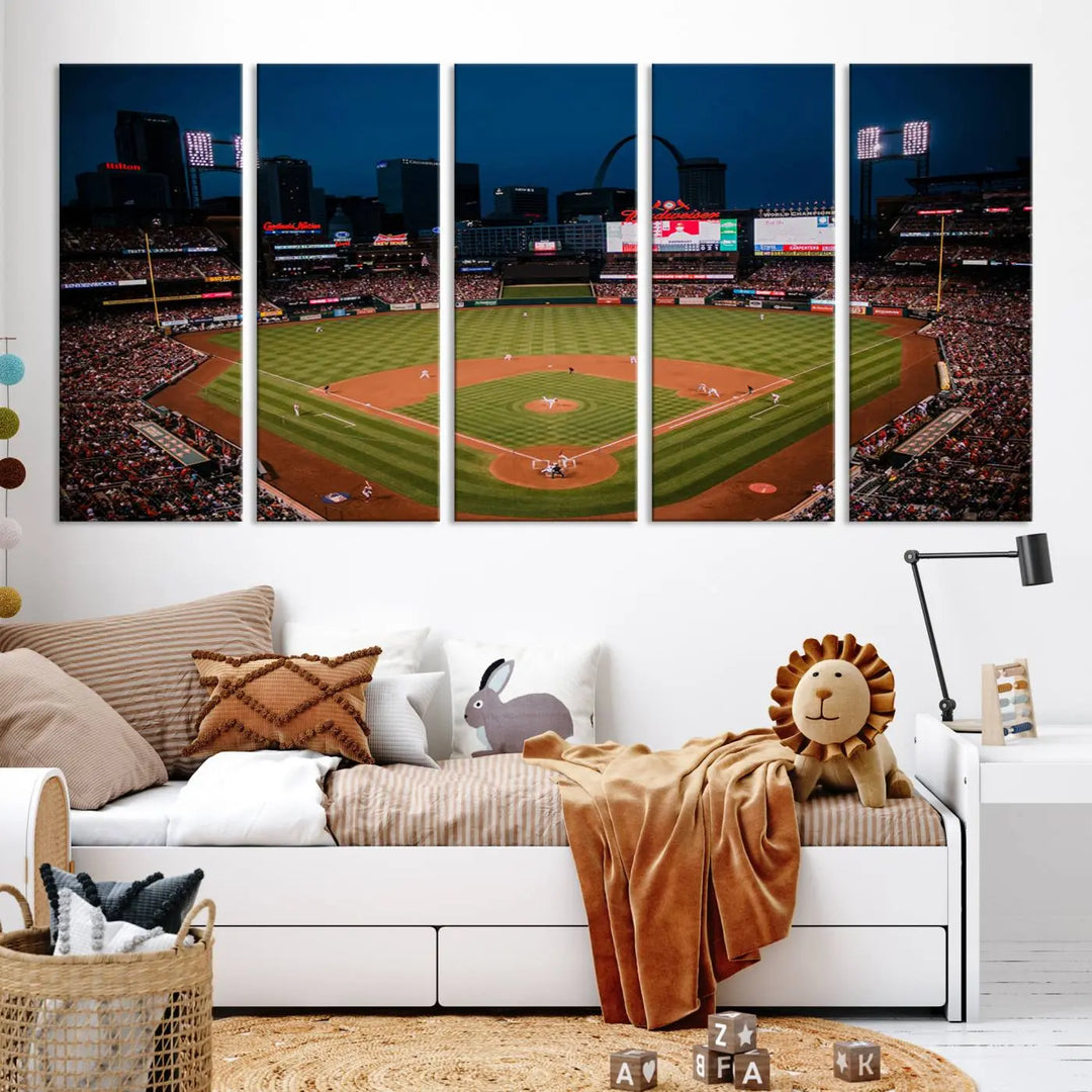 The living room features premium canvas wall art, including a triptych of the St. Louis Cardinals Baseball Team Print showcasing Busch Stadium at night.