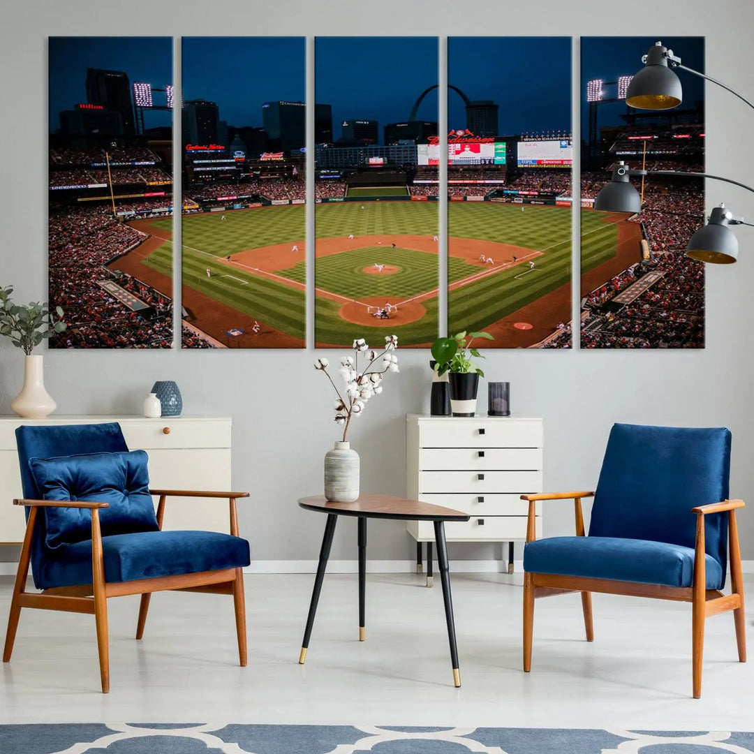 The living room features premium canvas wall art, including a triptych of the St. Louis Cardinals Baseball Team Print showcasing Busch Stadium at night.