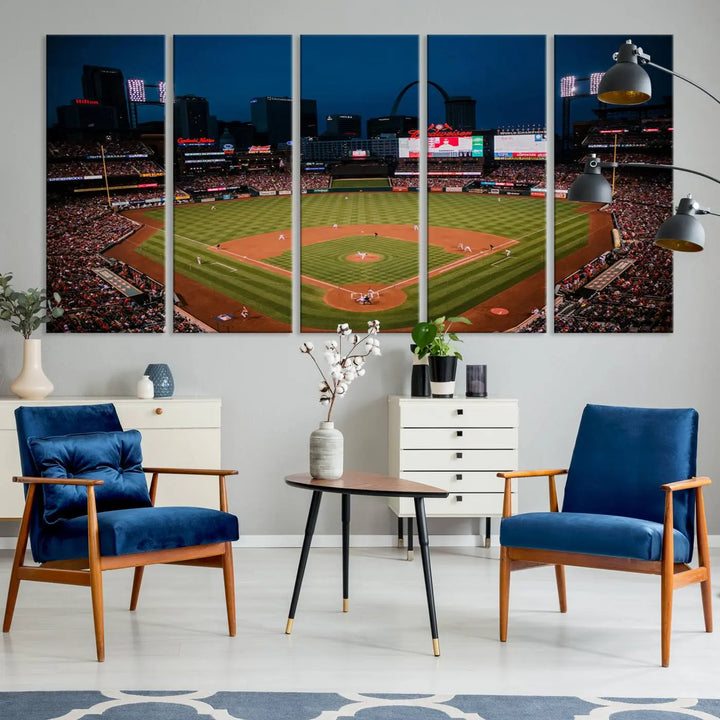 The living room features premium canvas wall art, including a triptych of the St. Louis Cardinals Baseball Team Print showcasing Busch Stadium at night.