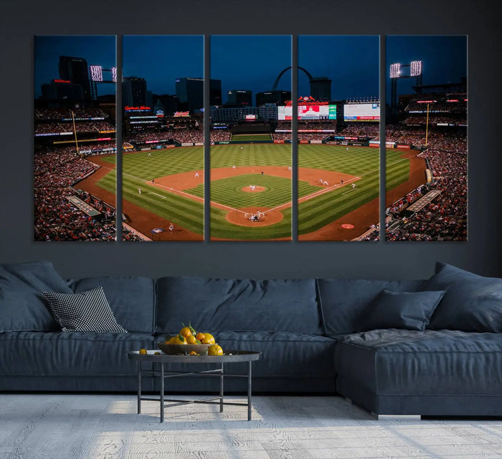 The living room features premium canvas wall art, including a triptych of the St. Louis Cardinals Baseball Team Print showcasing Busch Stadium at night.