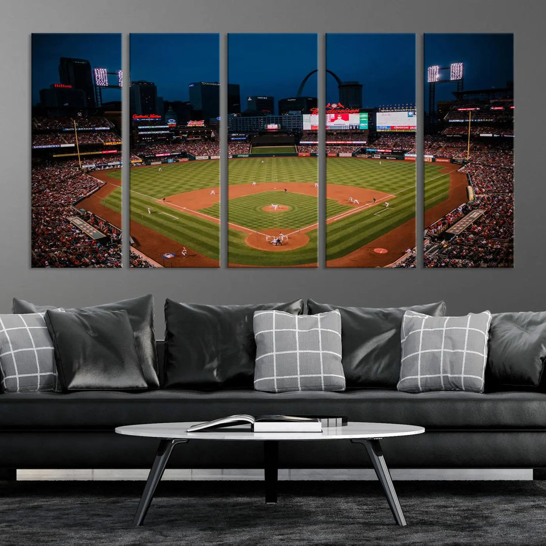 The living room features premium canvas wall art, including a triptych of the St. Louis Cardinals Baseball Team Print showcasing Busch Stadium at night.