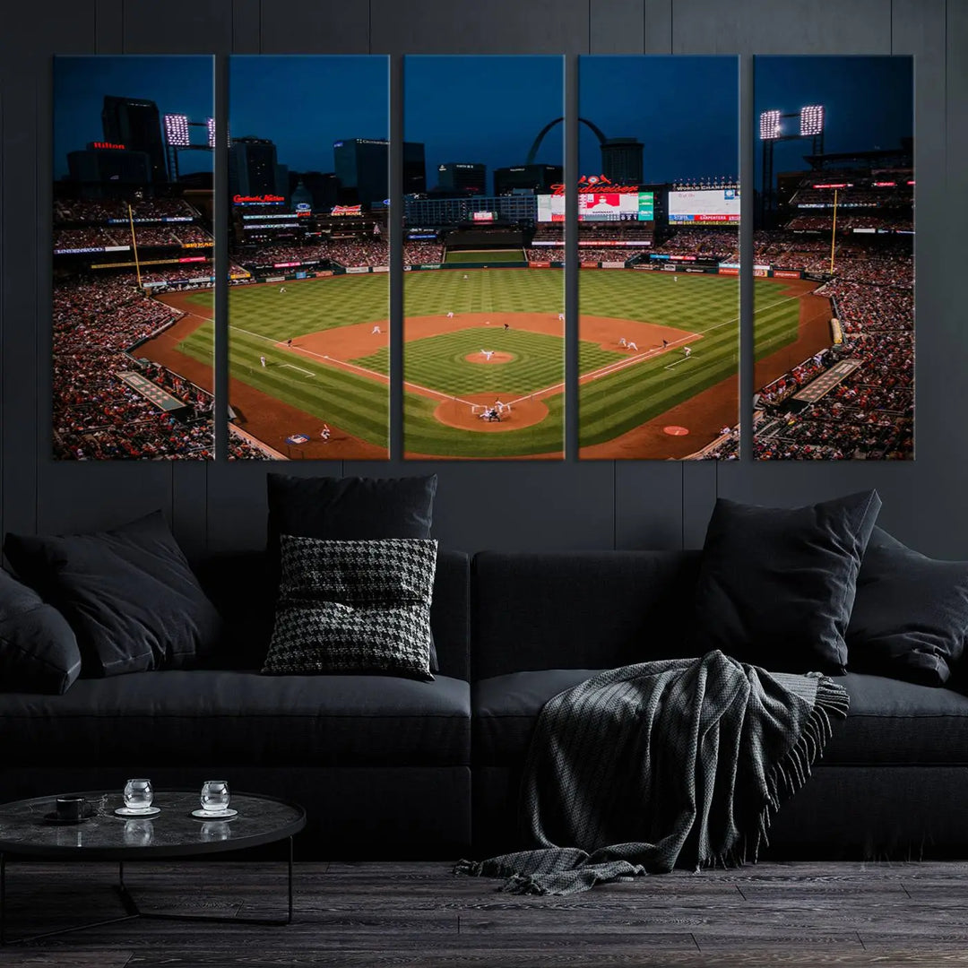 The living room features premium canvas wall art, including a triptych of the St. Louis Cardinals Baseball Team Print showcasing Busch Stadium at night.