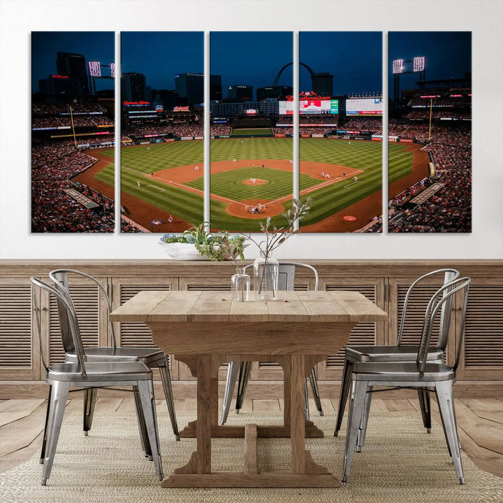 The living room features premium canvas wall art, including a triptych of the St. Louis Cardinals Baseball Team Print showcasing Busch Stadium at night.