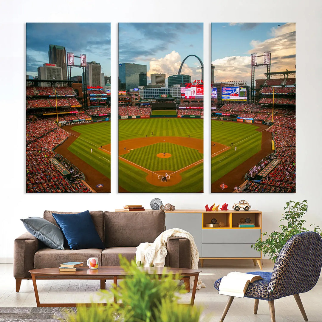 The St. Louis Cardinals Baseball Team Print, featuring Busch Stadium with a cityscape backdrop, is crafted on premium canvas for a gallery-quality finish.