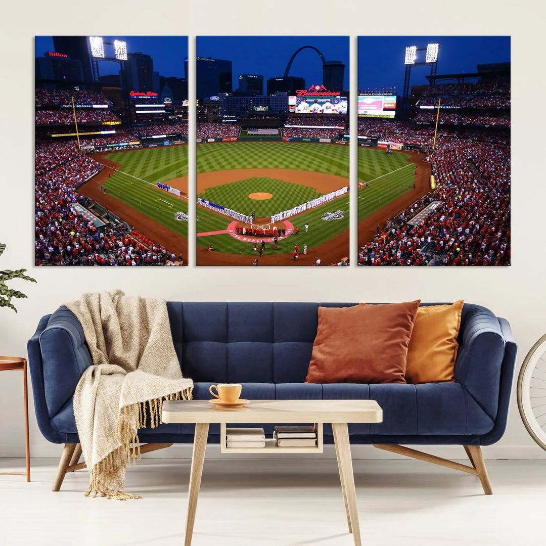 A premium canvas triptych of Busch Stadium, home of the St. Louis Cardinals, elegantly hangs as a captivating focal point. This piece, titled "St. Louis Cardinals Baseball Team Print - Busch Stadium Wall Art Canvas Print," boasts a gallery-quality finish, making it the perfect centerpiece for any sophisticated space.