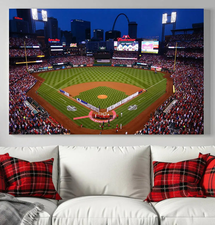 A premium canvas triptych of Busch Stadium, home of the St. Louis Cardinals, elegantly hangs as a captivating focal point. This piece, titled "St. Louis Cardinals Baseball Team Print - Busch Stadium Wall Art Canvas Print," boasts a gallery-quality finish, making it the perfect centerpiece for any sophisticated space.