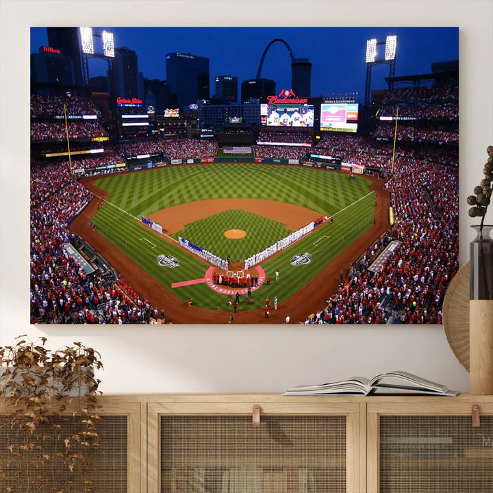 A premium canvas triptych of Busch Stadium, home of the St. Louis Cardinals, elegantly hangs as a captivating focal point. This piece, titled "St. Louis Cardinals Baseball Team Print - Busch Stadium Wall Art Canvas Print," boasts a gallery-quality finish, making it the perfect centerpiece for any sophisticated space.