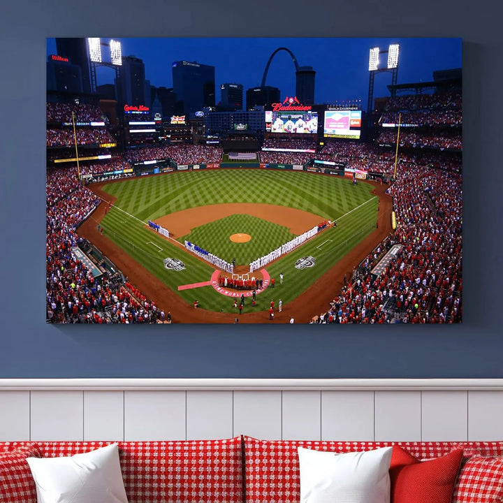 A premium canvas triptych of Busch Stadium, home of the St. Louis Cardinals, elegantly hangs as a captivating focal point. This piece, titled "St. Louis Cardinals Baseball Team Print - Busch Stadium Wall Art Canvas Print," boasts a gallery-quality finish, making it the perfect centerpiece for any sophisticated space.