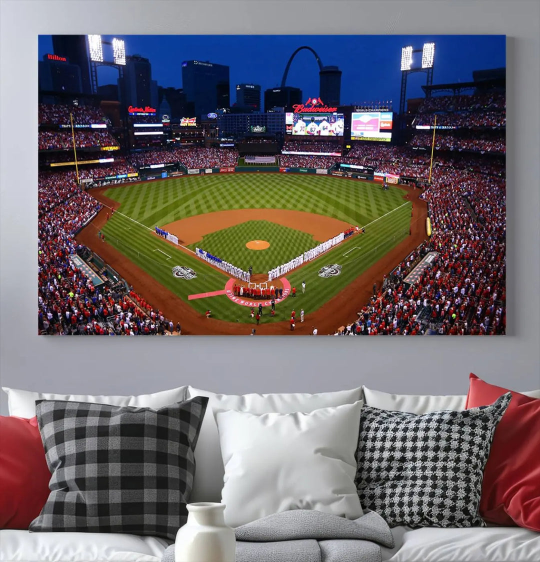 A premium canvas triptych of Busch Stadium, home of the St. Louis Cardinals, elegantly hangs as a captivating focal point. This piece, titled "St. Louis Cardinals Baseball Team Print - Busch Stadium Wall Art Canvas Print," boasts a gallery-quality finish, making it the perfect centerpiece for any sophisticated space.