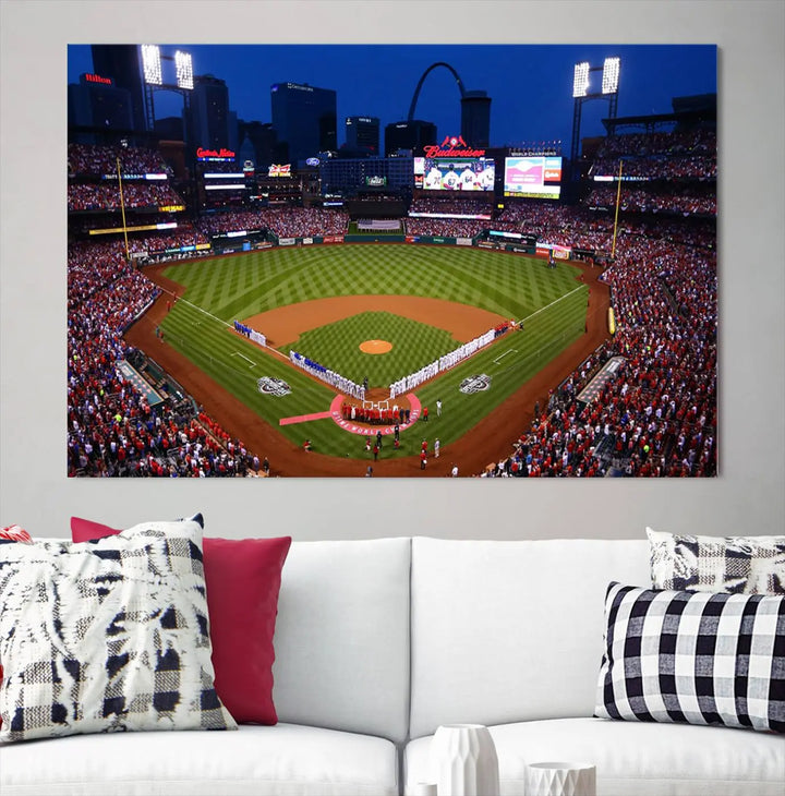 A premium canvas triptych of Busch Stadium, home of the St. Louis Cardinals, elegantly hangs as a captivating focal point. This piece, titled "St. Louis Cardinals Baseball Team Print - Busch Stadium Wall Art Canvas Print," boasts a gallery-quality finish, making it the perfect centerpiece for any sophisticated space.