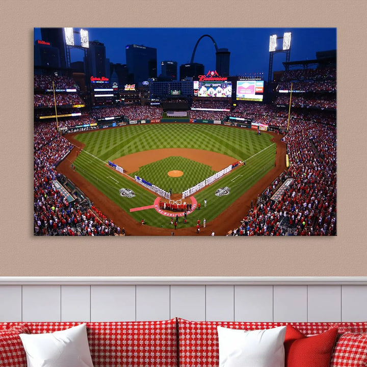 A premium canvas triptych of Busch Stadium, home of the St. Louis Cardinals, elegantly hangs as a captivating focal point. This piece, titled "St. Louis Cardinals Baseball Team Print - Busch Stadium Wall Art Canvas Print," boasts a gallery-quality finish, making it the perfect centerpiece for any sophisticated space.