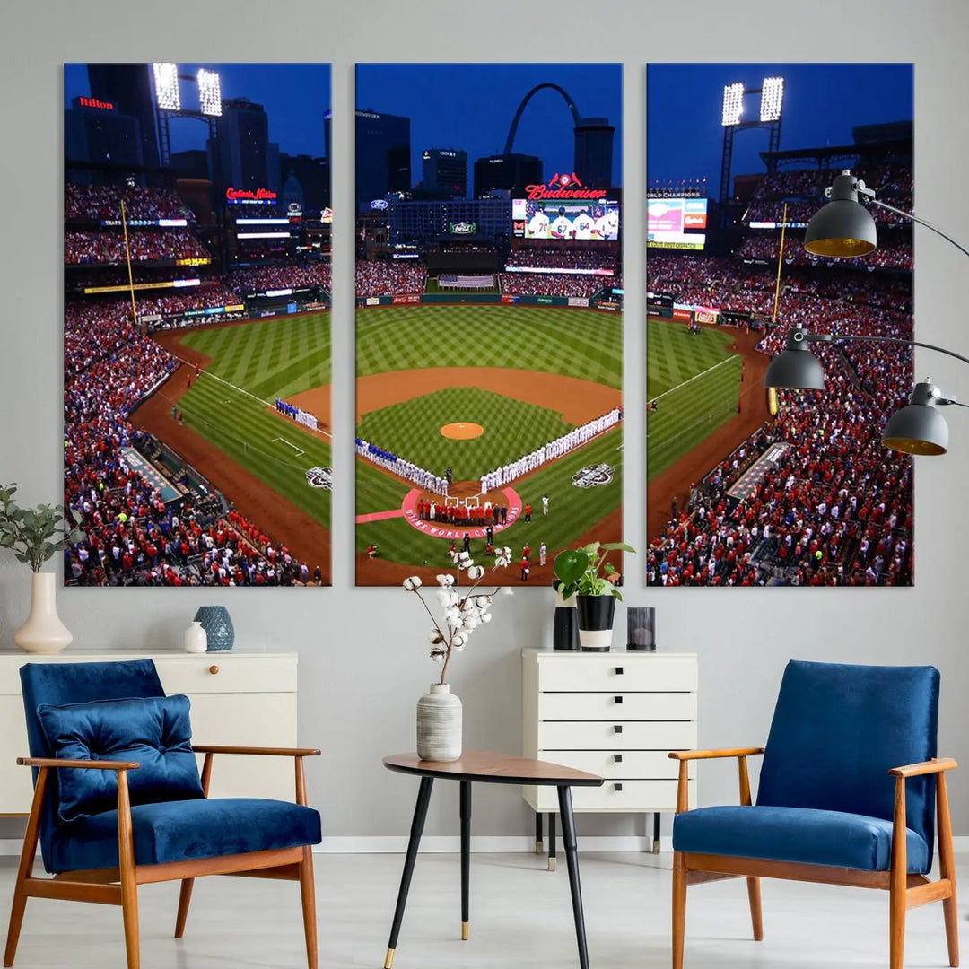 A premium canvas triptych of Busch Stadium, home of the St. Louis Cardinals, elegantly hangs as a captivating focal point. This piece, titled "St. Louis Cardinals Baseball Team Print - Busch Stadium Wall Art Canvas Print," boasts a gallery-quality finish, making it the perfect centerpiece for any sophisticated space.