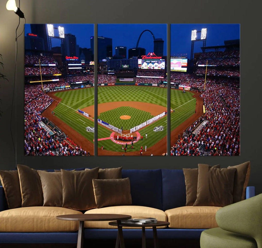 A premium canvas triptych of Busch Stadium, home of the St. Louis Cardinals, elegantly hangs as a captivating focal point. This piece, titled "St. Louis Cardinals Baseball Team Print - Busch Stadium Wall Art Canvas Print," boasts a gallery-quality finish, making it the perfect centerpiece for any sophisticated space.