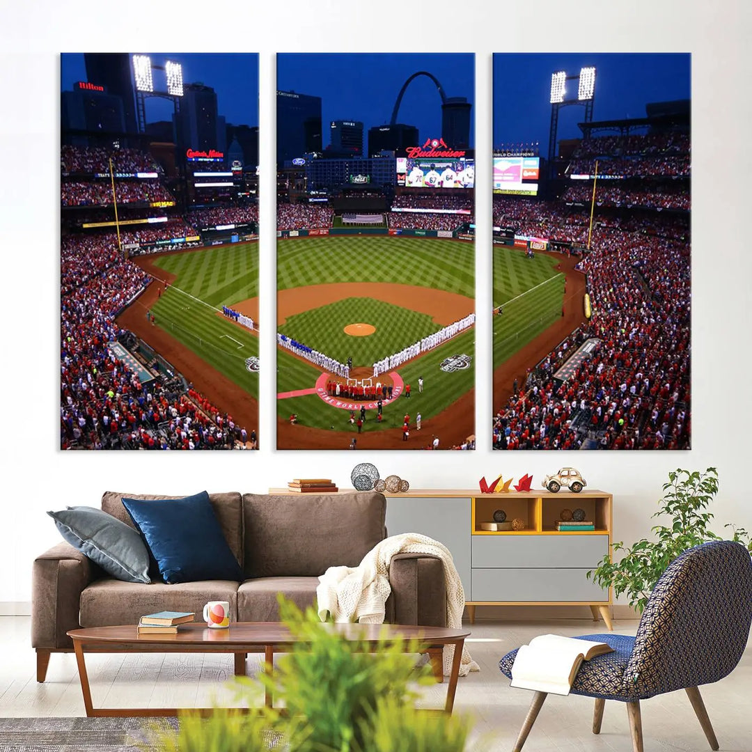 A premium canvas triptych of Busch Stadium, home of the St. Louis Cardinals, elegantly hangs as a captivating focal point. This piece, titled "St. Louis Cardinals Baseball Team Print - Busch Stadium Wall Art Canvas Print," boasts a gallery-quality finish, making it the perfect centerpiece for any sophisticated space.