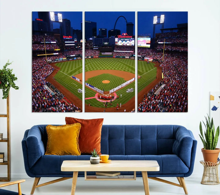 A premium canvas triptych of Busch Stadium, home of the St. Louis Cardinals, elegantly hangs as a captivating focal point. This piece, titled "St. Louis Cardinals Baseball Team Print - Busch Stadium Wall Art Canvas Print," boasts a gallery-quality finish, making it the perfect centerpiece for any sophisticated space.