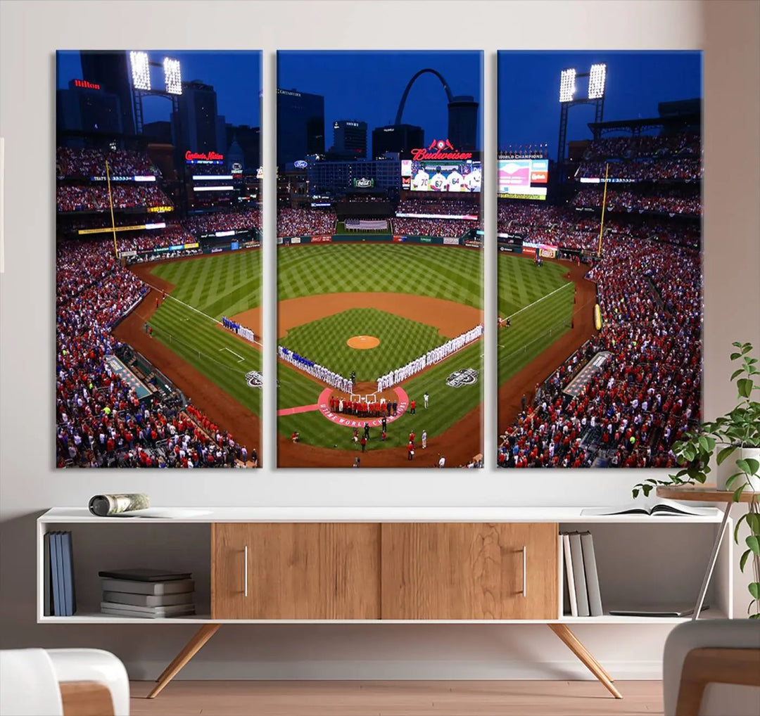 A premium canvas triptych of Busch Stadium, home of the St. Louis Cardinals, elegantly hangs as a captivating focal point. This piece, titled "St. Louis Cardinals Baseball Team Print - Busch Stadium Wall Art Canvas Print," boasts a gallery-quality finish, making it the perfect centerpiece for any sophisticated space.