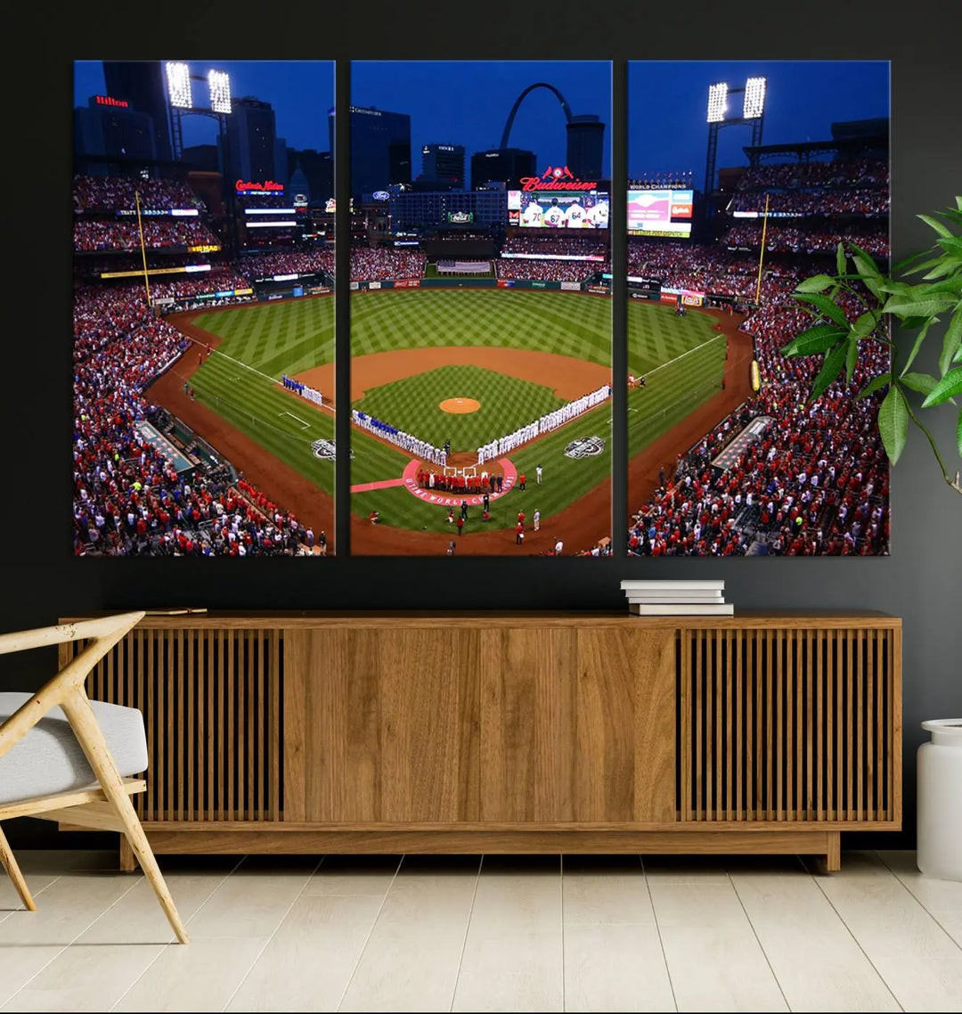 A premium canvas triptych of Busch Stadium, home of the St. Louis Cardinals, elegantly hangs as a captivating focal point. This piece, titled "St. Louis Cardinals Baseball Team Print - Busch Stadium Wall Art Canvas Print," boasts a gallery-quality finish, making it the perfect centerpiece for any sophisticated space.