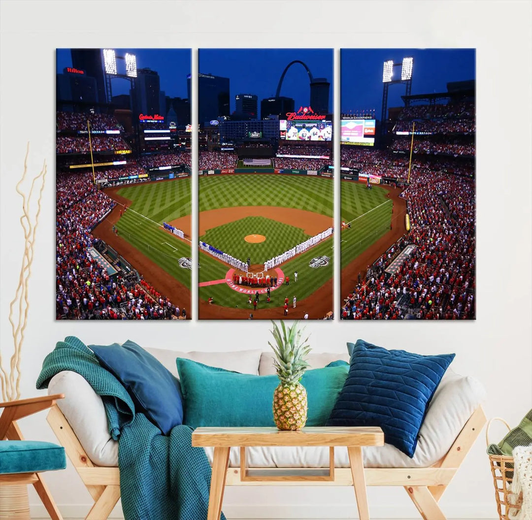 A premium canvas triptych of Busch Stadium, home of the St. Louis Cardinals, elegantly hangs as a captivating focal point. This piece, titled "St. Louis Cardinals Baseball Team Print - Busch Stadium Wall Art Canvas Print," boasts a gallery-quality finish, making it the perfect centerpiece for any sophisticated space.