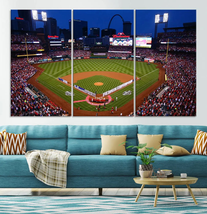 A premium canvas triptych of Busch Stadium, home of the St. Louis Cardinals, elegantly hangs as a captivating focal point. This piece, titled "St. Louis Cardinals Baseball Team Print - Busch Stadium Wall Art Canvas Print," boasts a gallery-quality finish, making it the perfect centerpiece for any sophisticated space.