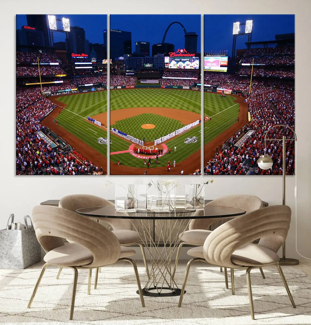 A premium canvas triptych of Busch Stadium, home of the St. Louis Cardinals, elegantly hangs as a captivating focal point. This piece, titled "St. Louis Cardinals Baseball Team Print - Busch Stadium Wall Art Canvas Print," boasts a gallery-quality finish, making it the perfect centerpiece for any sophisticated space.