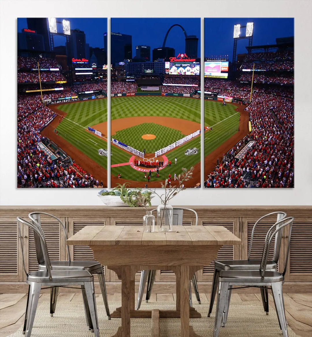 A premium canvas triptych of Busch Stadium, home of the St. Louis Cardinals, elegantly hangs as a captivating focal point. This piece, titled "St. Louis Cardinals Baseball Team Print - Busch Stadium Wall Art Canvas Print," boasts a gallery-quality finish, making it the perfect centerpiece for any sophisticated space.