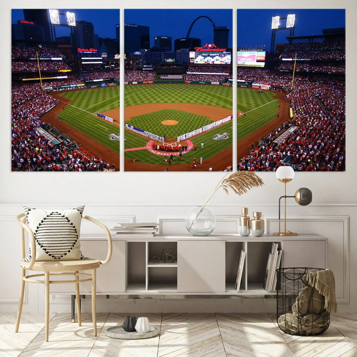 A premium canvas triptych of Busch Stadium, home of the St. Louis Cardinals, elegantly hangs as a captivating focal point. This piece, titled "St. Louis Cardinals Baseball Team Print - Busch Stadium Wall Art Canvas Print," boasts a gallery-quality finish, making it the perfect centerpiece for any sophisticated space.