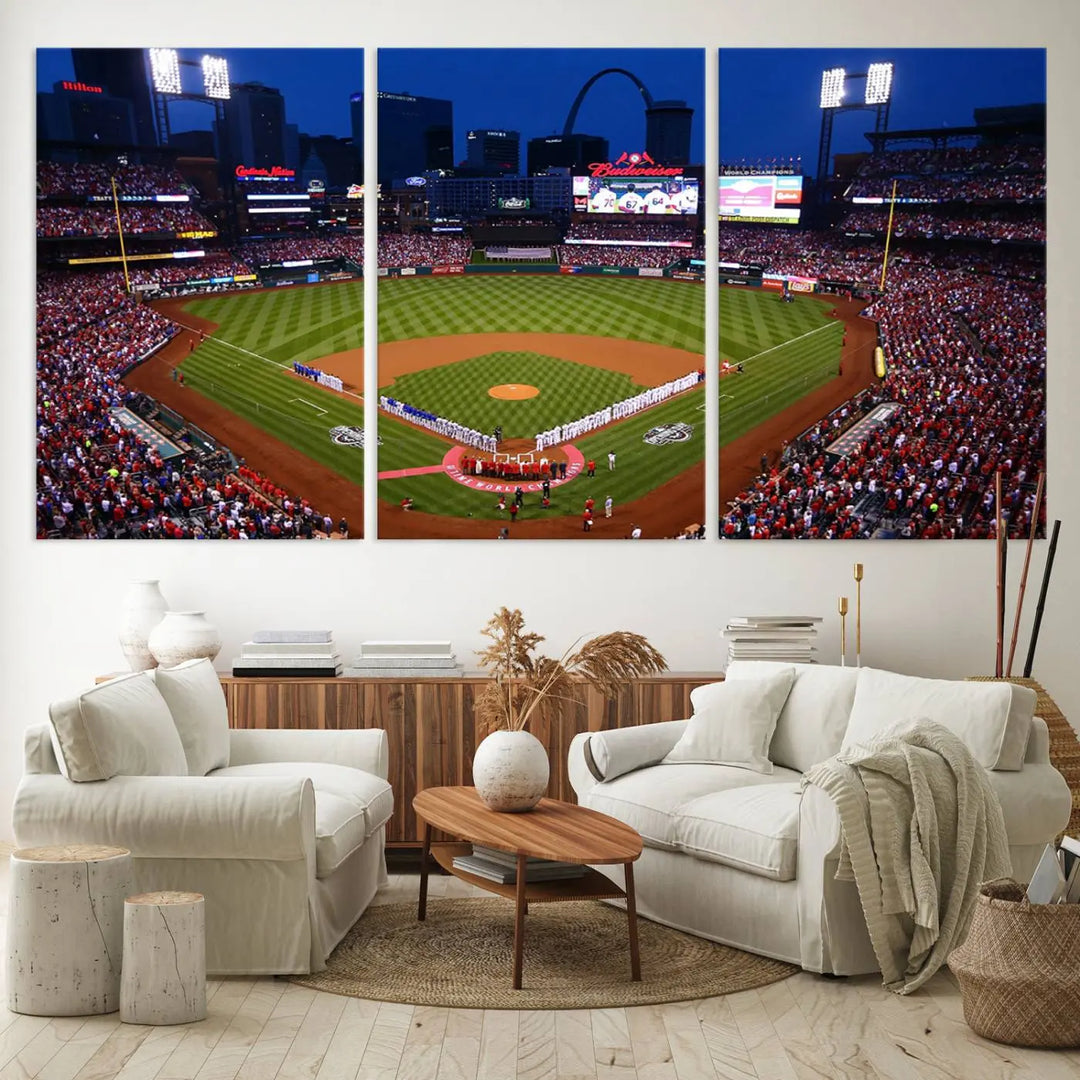 A premium canvas triptych of Busch Stadium, home of the St. Louis Cardinals, elegantly hangs as a captivating focal point. This piece, titled "St. Louis Cardinals Baseball Team Print - Busch Stadium Wall Art Canvas Print," boasts a gallery-quality finish, making it the perfect centerpiece for any sophisticated space.