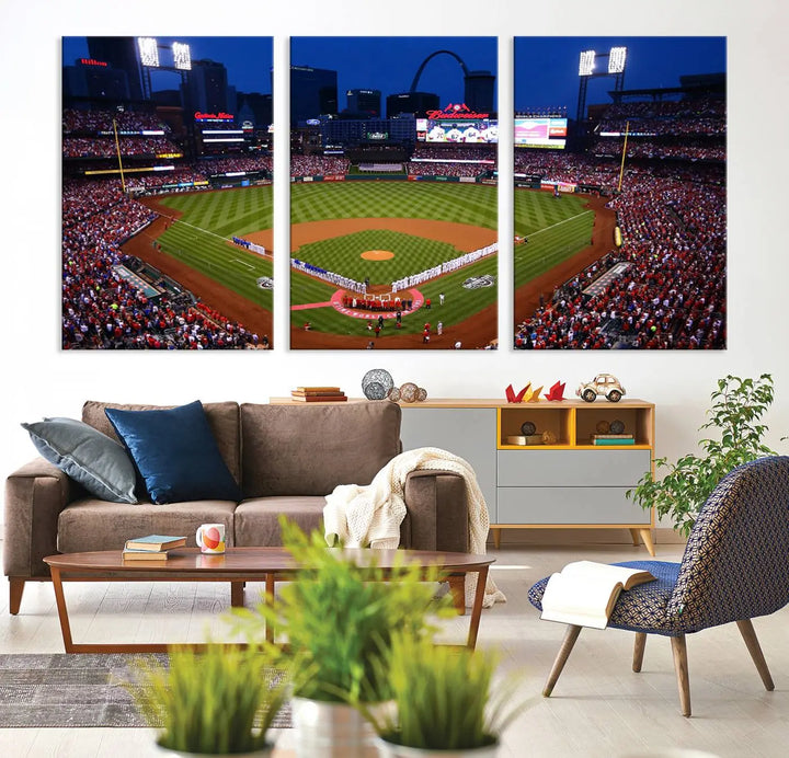 A premium canvas triptych of Busch Stadium, home of the St. Louis Cardinals, elegantly hangs as a captivating focal point. This piece, titled "St. Louis Cardinals Baseball Team Print - Busch Stadium Wall Art Canvas Print," boasts a gallery-quality finish, making it the perfect centerpiece for any sophisticated space.