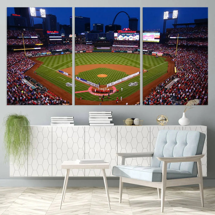 A premium canvas triptych of Busch Stadium, home of the St. Louis Cardinals, elegantly hangs as a captivating focal point. This piece, titled "St. Louis Cardinals Baseball Team Print - Busch Stadium Wall Art Canvas Print," boasts a gallery-quality finish, making it the perfect centerpiece for any sophisticated space.