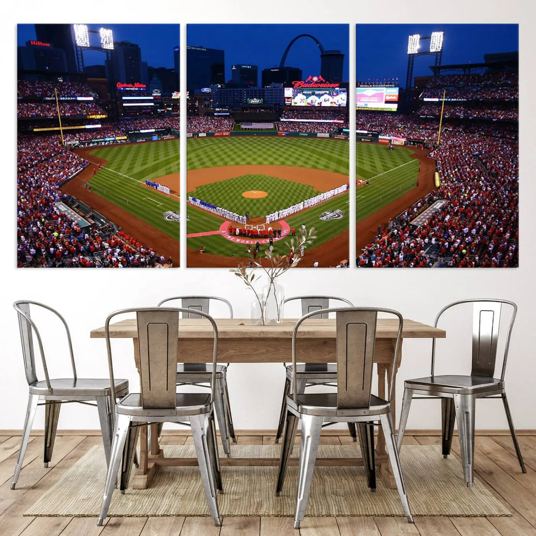 A premium canvas triptych of Busch Stadium, home of the St. Louis Cardinals, elegantly hangs as a captivating focal point. This piece, titled "St. Louis Cardinals Baseball Team Print - Busch Stadium Wall Art Canvas Print," boasts a gallery-quality finish, making it the perfect centerpiece for any sophisticated space.