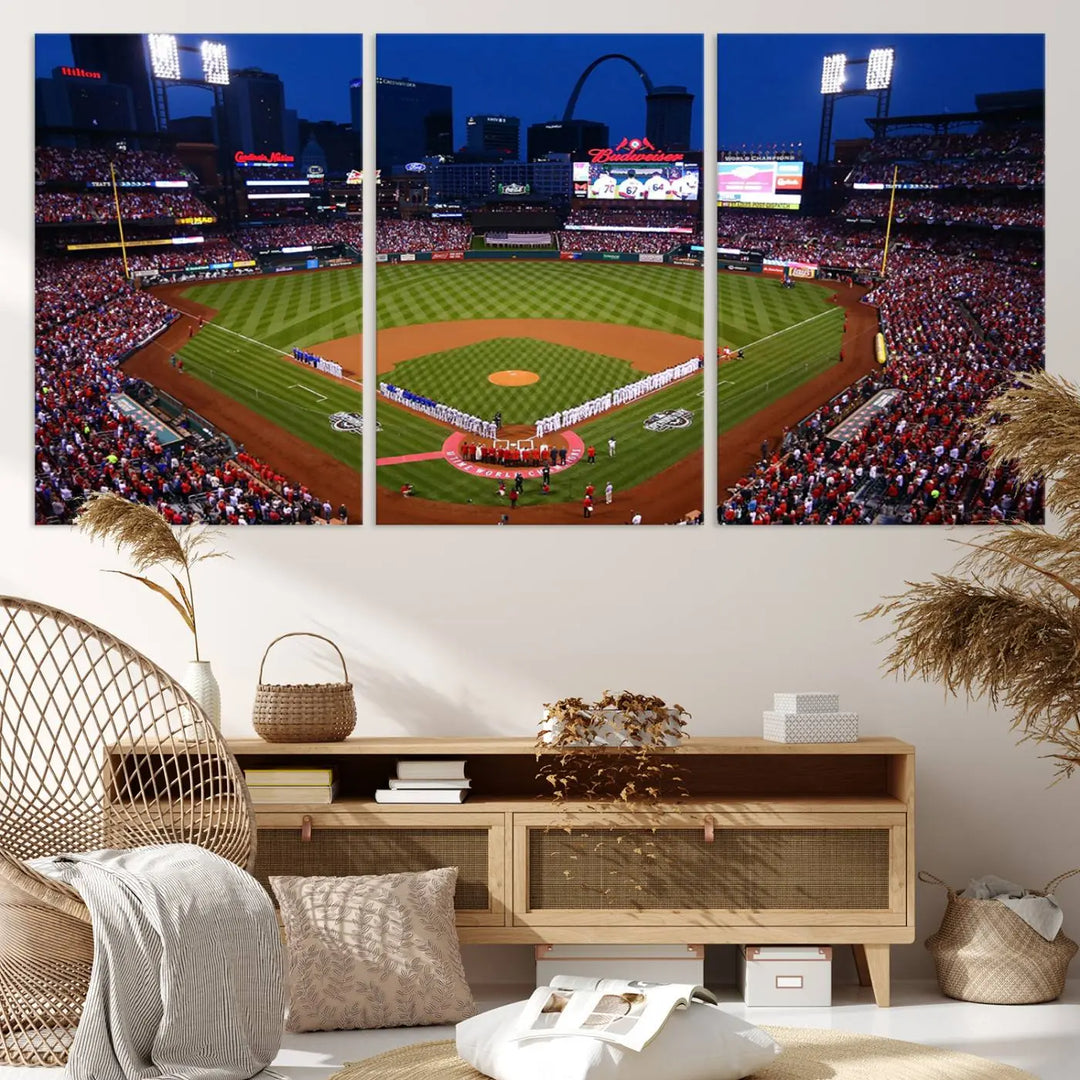 A premium canvas triptych of Busch Stadium, home of the St. Louis Cardinals, elegantly hangs as a captivating focal point. This piece, titled "St. Louis Cardinals Baseball Team Print - Busch Stadium Wall Art Canvas Print," boasts a gallery-quality finish, making it the perfect centerpiece for any sophisticated space.