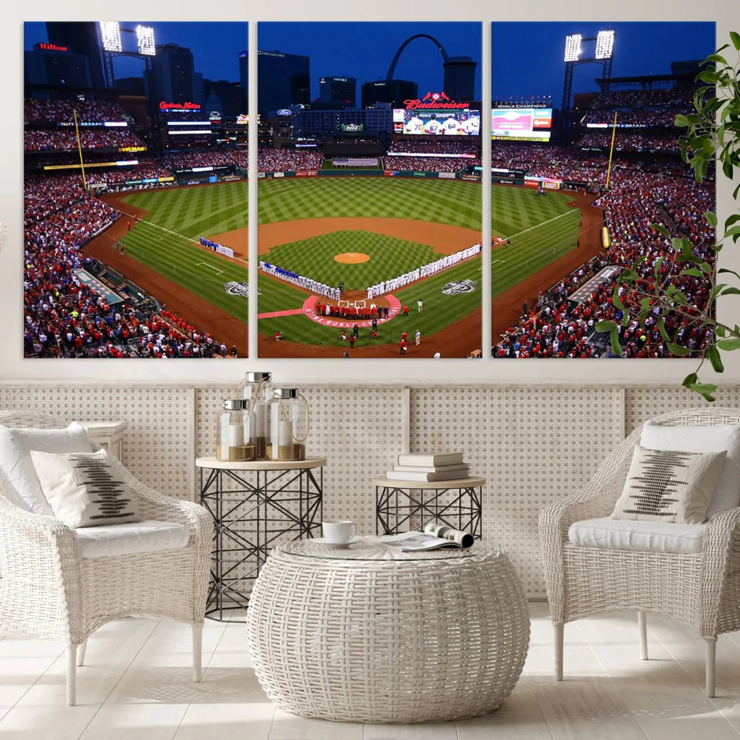 A premium canvas triptych of Busch Stadium, home of the St. Louis Cardinals, elegantly hangs as a captivating focal point. This piece, titled "St. Louis Cardinals Baseball Team Print - Busch Stadium Wall Art Canvas Print," boasts a gallery-quality finish, making it the perfect centerpiece for any sophisticated space.