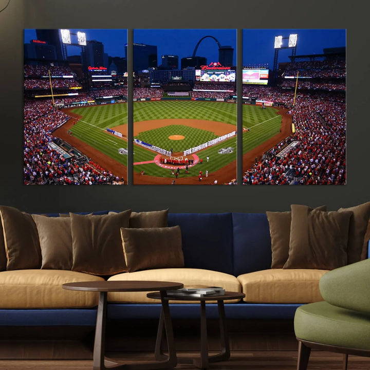 A premium canvas triptych of Busch Stadium, home of the St. Louis Cardinals, elegantly hangs as a captivating focal point. This piece, titled "St. Louis Cardinals Baseball Team Print - Busch Stadium Wall Art Canvas Print," boasts a gallery-quality finish, making it the perfect centerpiece for any sophisticated space.