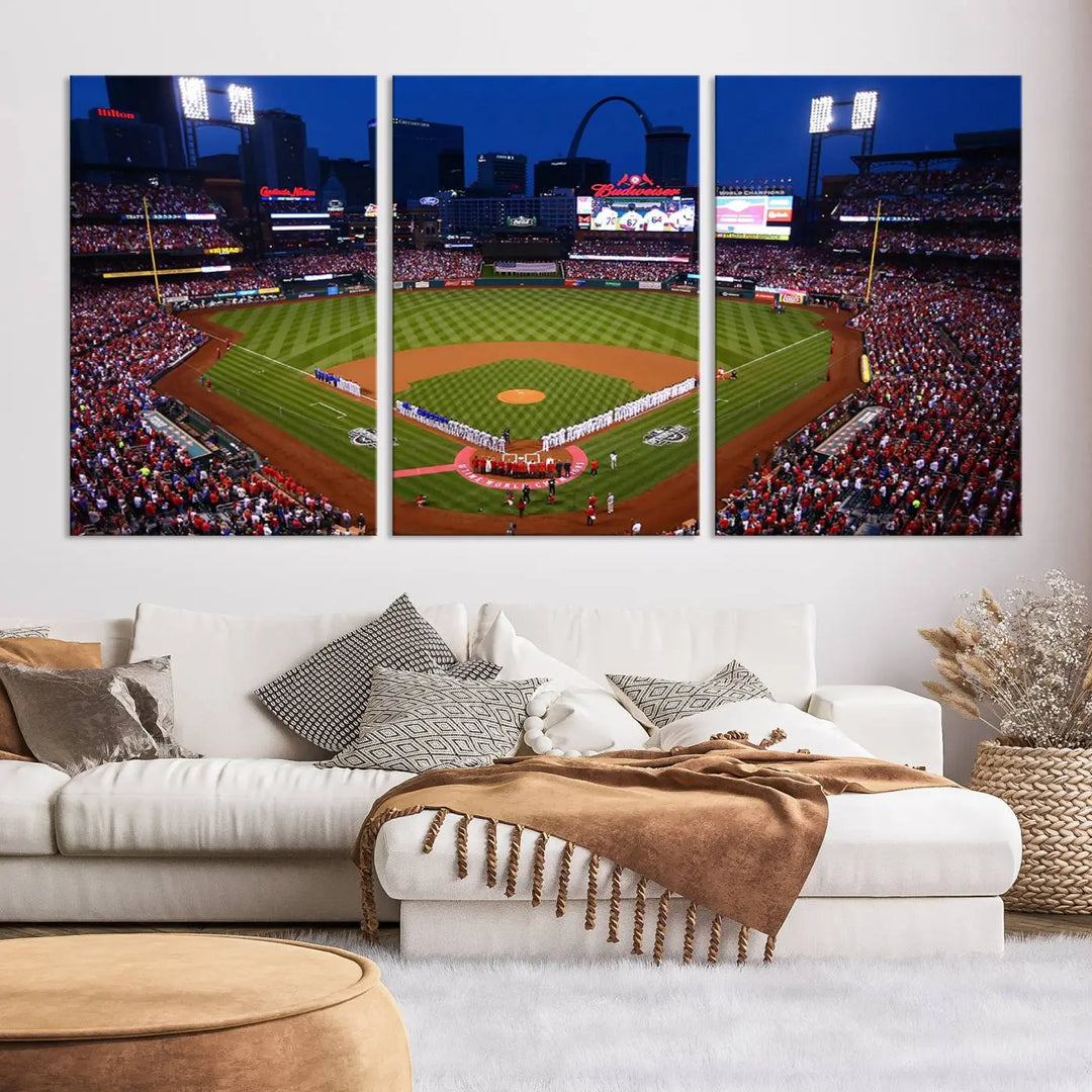 A premium canvas triptych of Busch Stadium, home of the St. Louis Cardinals, elegantly hangs as a captivating focal point. This piece, titled "St. Louis Cardinals Baseball Team Print - Busch Stadium Wall Art Canvas Print," boasts a gallery-quality finish, making it the perfect centerpiece for any sophisticated space.