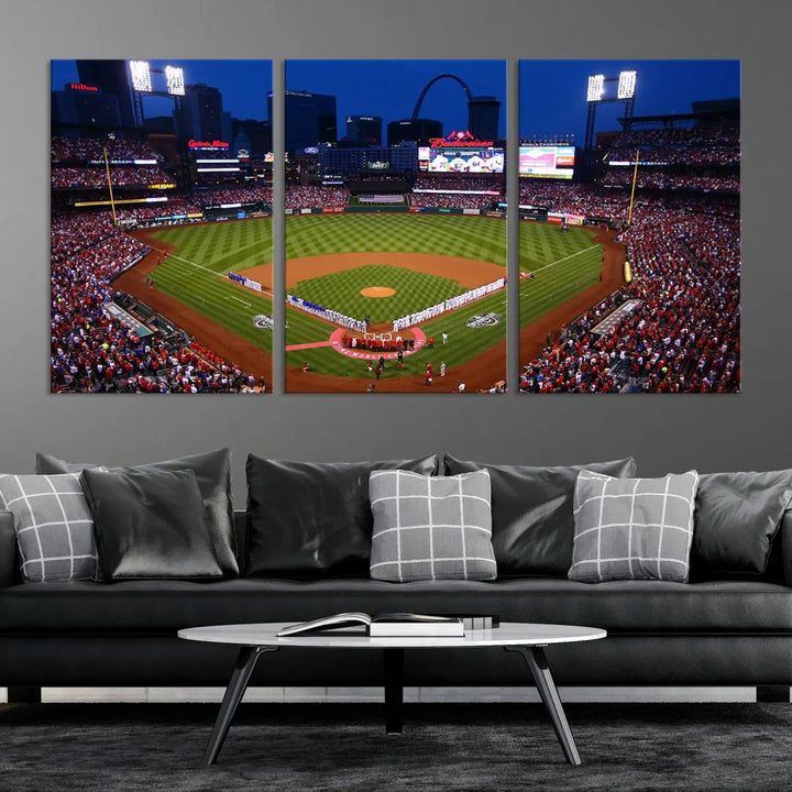 A premium canvas triptych of Busch Stadium, home of the St. Louis Cardinals, elegantly hangs as a captivating focal point. This piece, titled "St. Louis Cardinals Baseball Team Print - Busch Stadium Wall Art Canvas Print," boasts a gallery-quality finish, making it the perfect centerpiece for any sophisticated space.