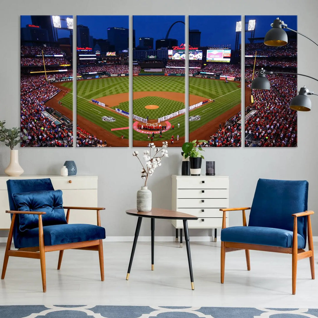 A premium canvas triptych of Busch Stadium, home of the St. Louis Cardinals, elegantly hangs as a captivating focal point. This piece, titled "St. Louis Cardinals Baseball Team Print - Busch Stadium Wall Art Canvas Print," boasts a gallery-quality finish, making it the perfect centerpiece for any sophisticated space.