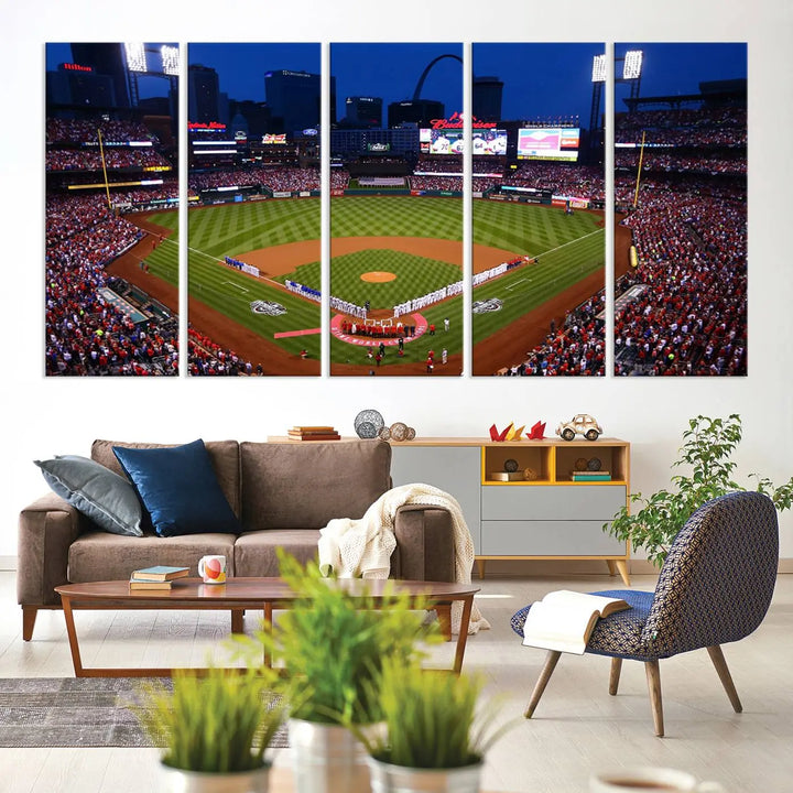 A premium canvas triptych of Busch Stadium, home of the St. Louis Cardinals, elegantly hangs as a captivating focal point. This piece, titled "St. Louis Cardinals Baseball Team Print - Busch Stadium Wall Art Canvas Print," boasts a gallery-quality finish, making it the perfect centerpiece for any sophisticated space.