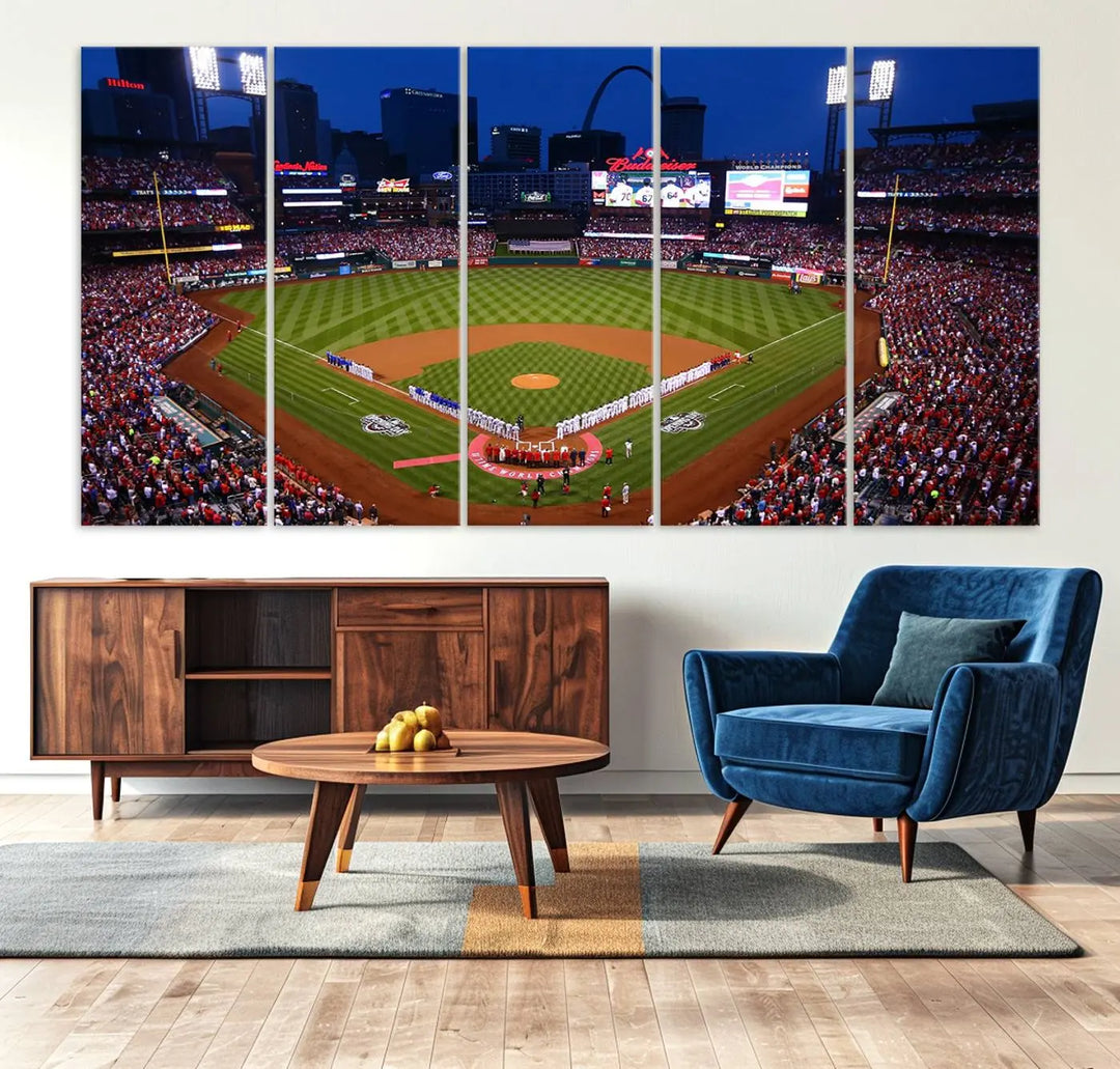 A premium canvas triptych of Busch Stadium, home of the St. Louis Cardinals, elegantly hangs as a captivating focal point. This piece, titled "St. Louis Cardinals Baseball Team Print - Busch Stadium Wall Art Canvas Print," boasts a gallery-quality finish, making it the perfect centerpiece for any sophisticated space.